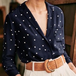 Sezane Polka Dot Navy White Silky Blouse Paris Chic Size 38